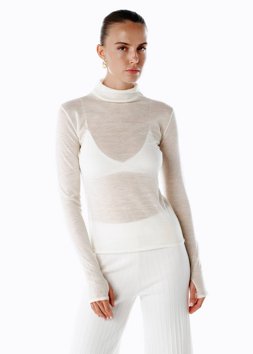 ECRU ULTRAFINE MERINO WOOL BLEND KNIT TOP - 1