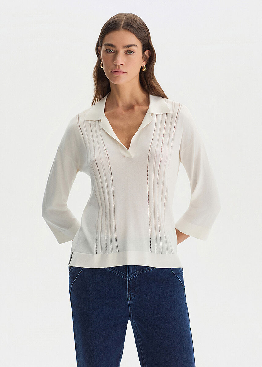 Ekru İpek Karışımlı Polo Yaka Triko - KNITSS