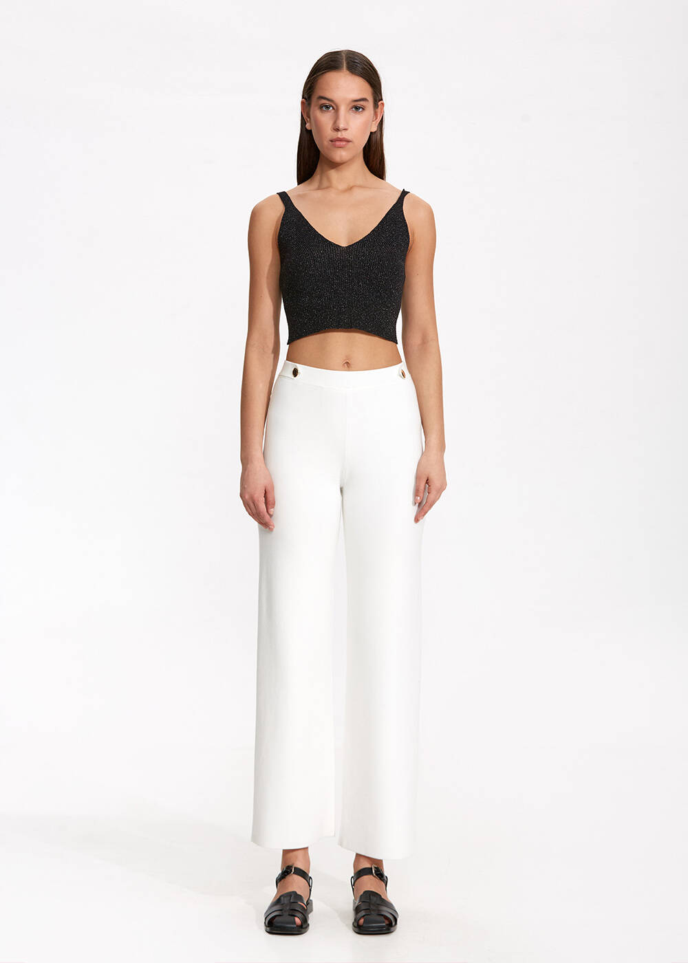 Epaulette Detaıled Whıte Knıt Pants - 1