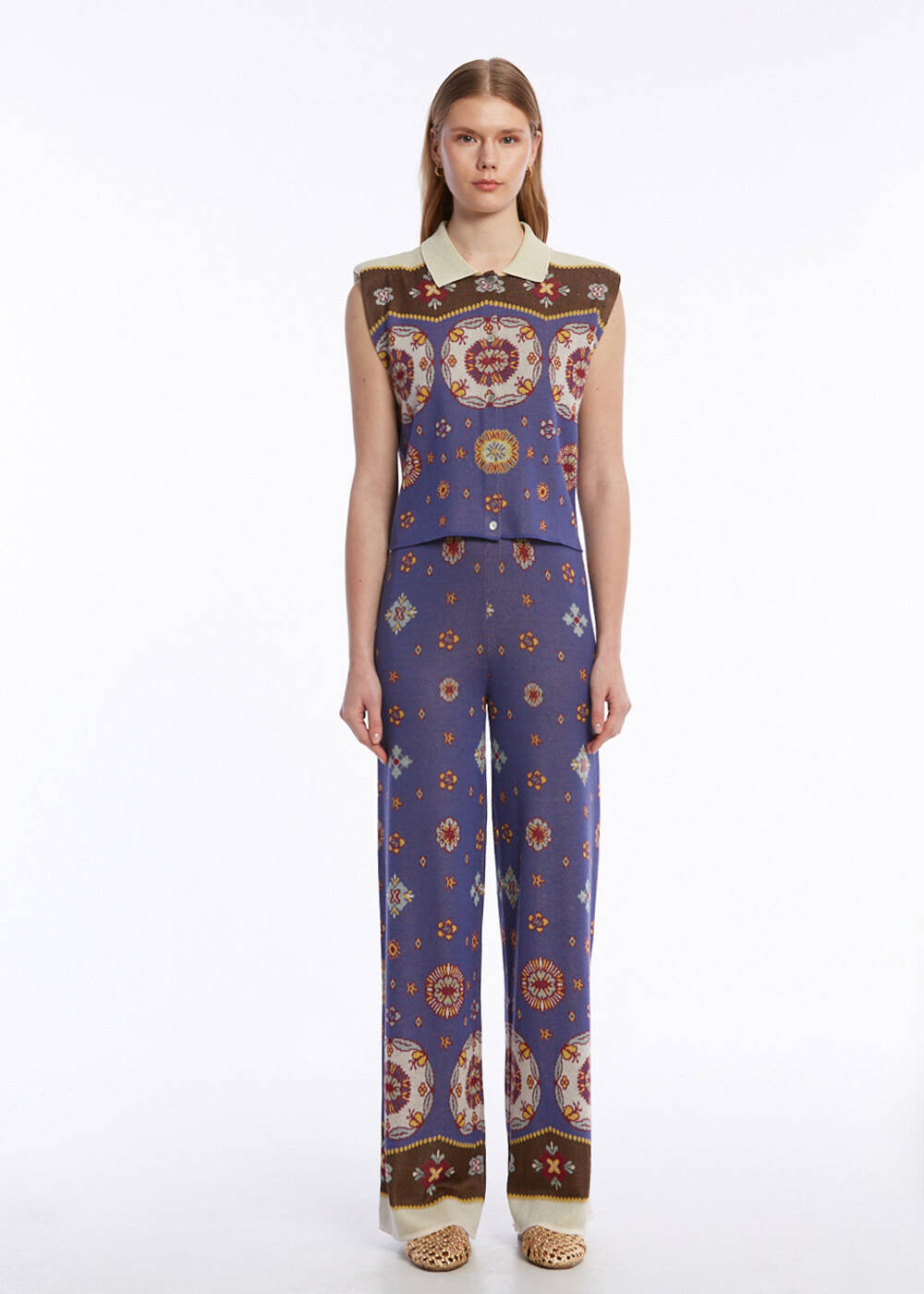 ETHNIC PATTERNED POLO NECK KNIT TOP - 2