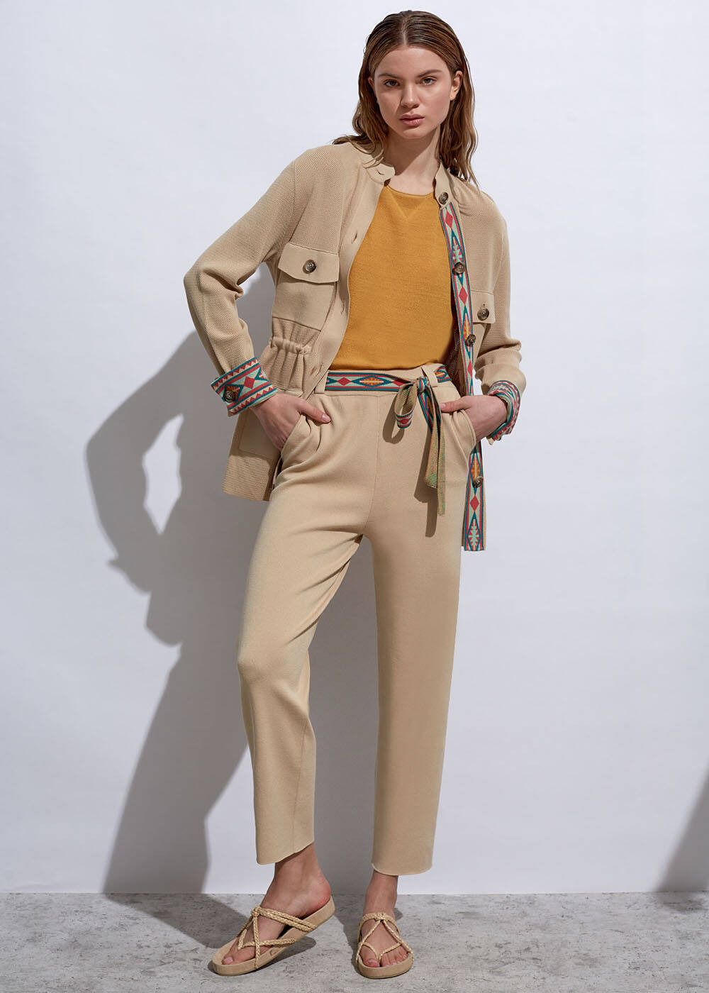Ethnic Trimmed Sand Knit Jacket - 2