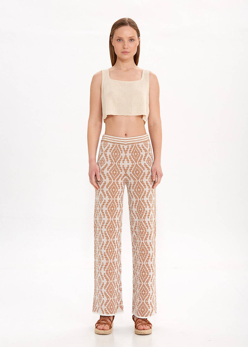 Etnik Desenli Camel Triko Pantolon - 2