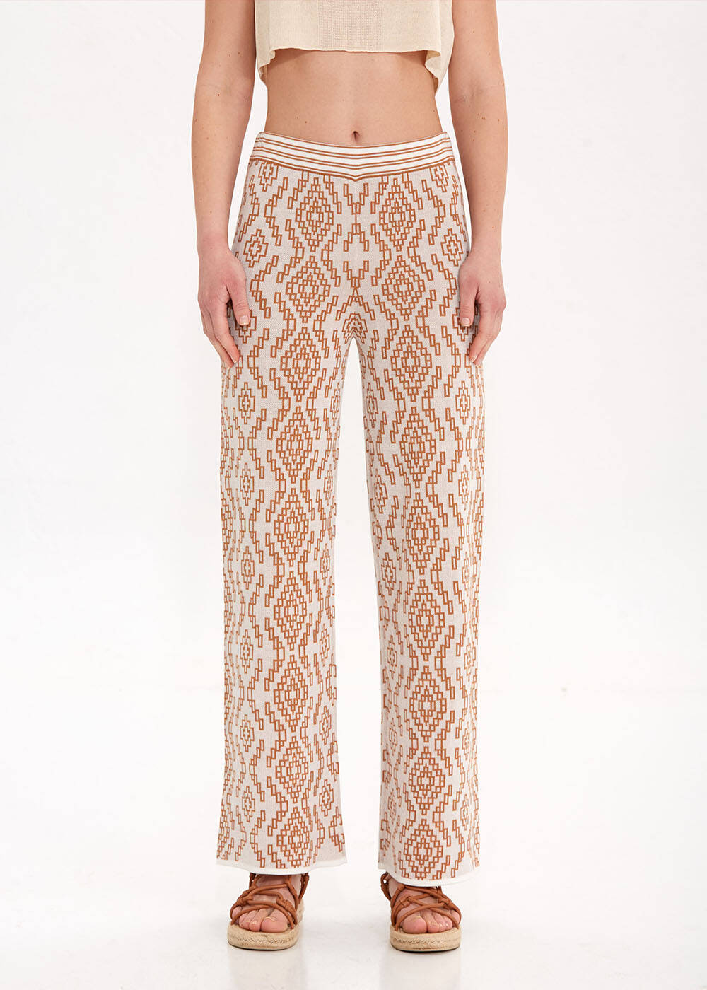 Etnik Desenli Camel Triko Pantolon