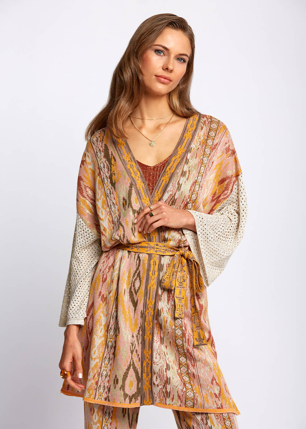 Etnik Desenli Jakar Örgü Kimono - 1