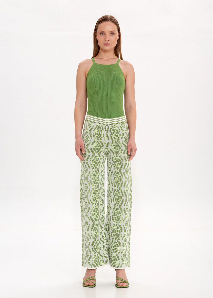 Etnik Desenli Yeşil Triko Pantolon - KNITSS