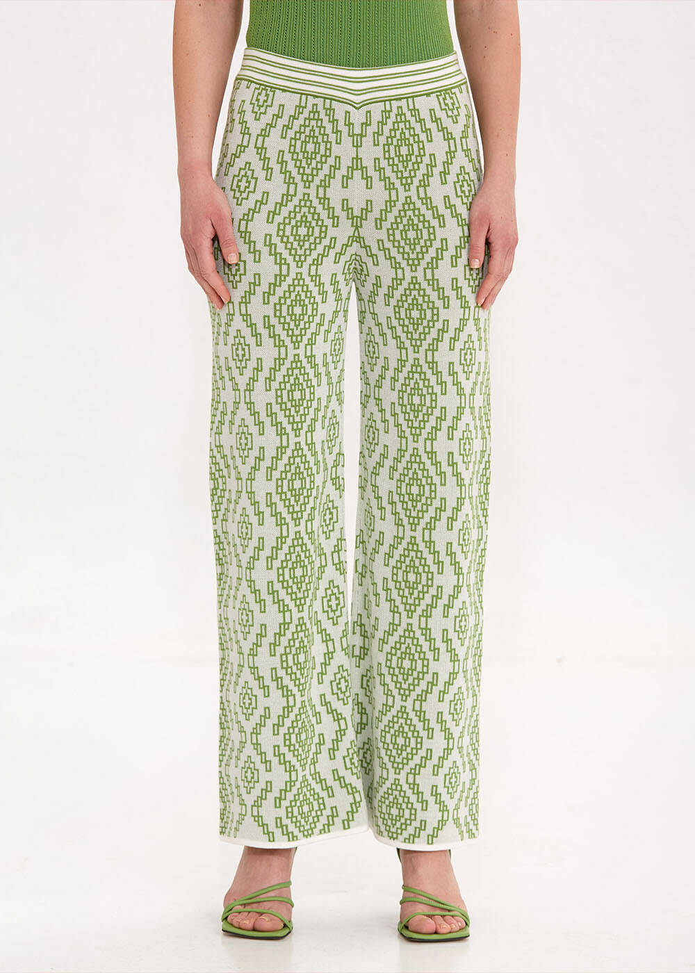 Etnik Desenli Yeşil Triko Pantolon - 2