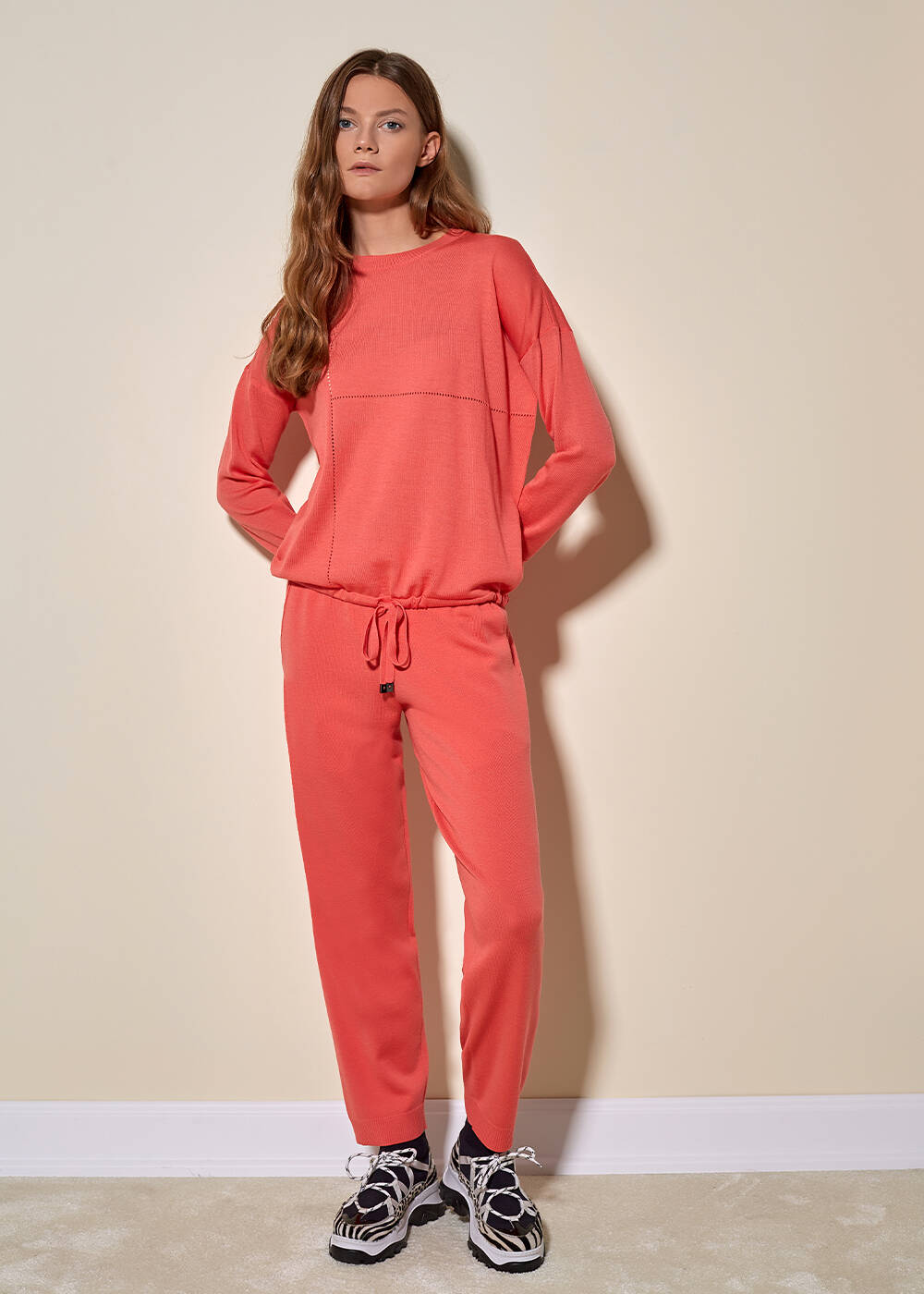 Extra Fine Merino Yün Mercan Rengi Triko Pantolon - 2