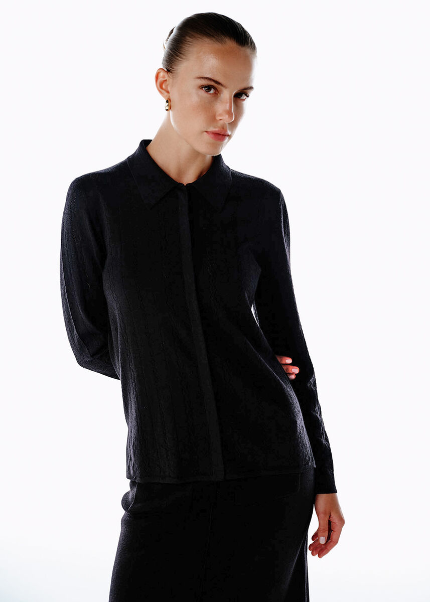 EXTRAFINE MERINO WOOL RICH BLEND KNIT SHIRT BLACK - KNITSS