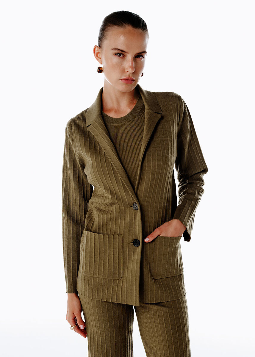 Extrafıne Merino Yün Karışımlı Triko Ceket Olıvestone - KNITSS