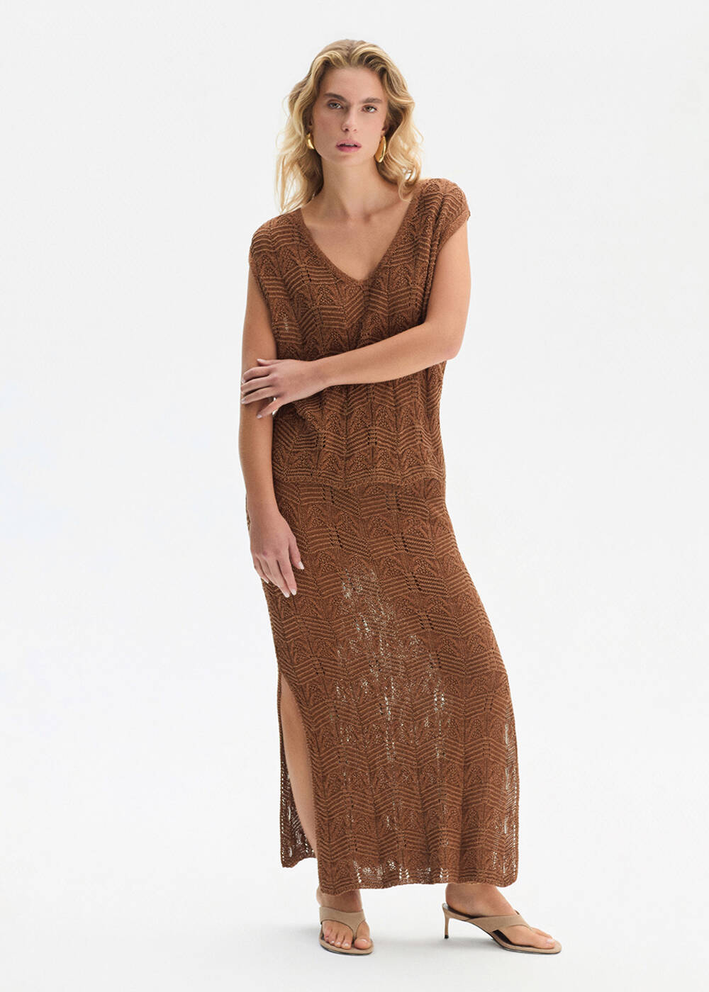 FANCY KNIT DETAILED BRONZE KNIT SKIRT - 1