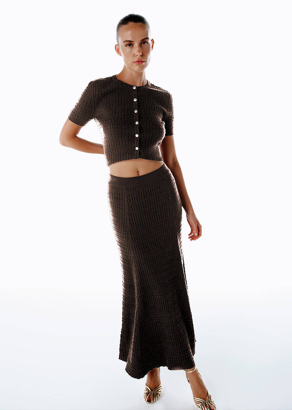 FANCY KNIT DETAILED COFFEE KNIT SKIRT - 1