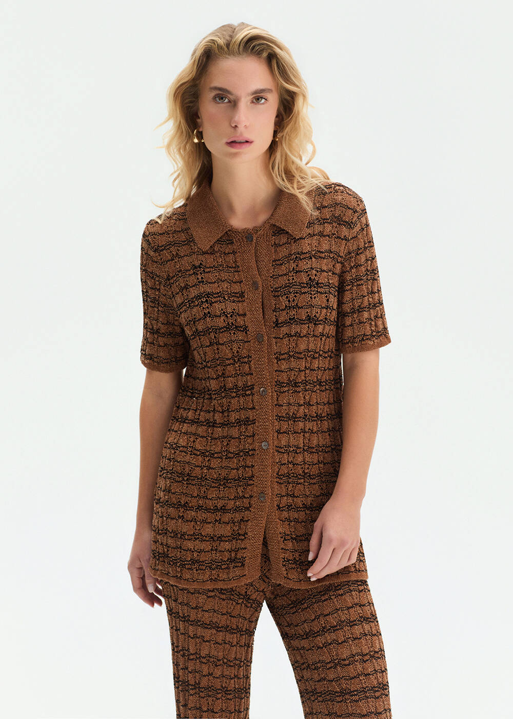 FANCY KNIT DETAILED POLO NECK BRONZ KNIT TOP - 1