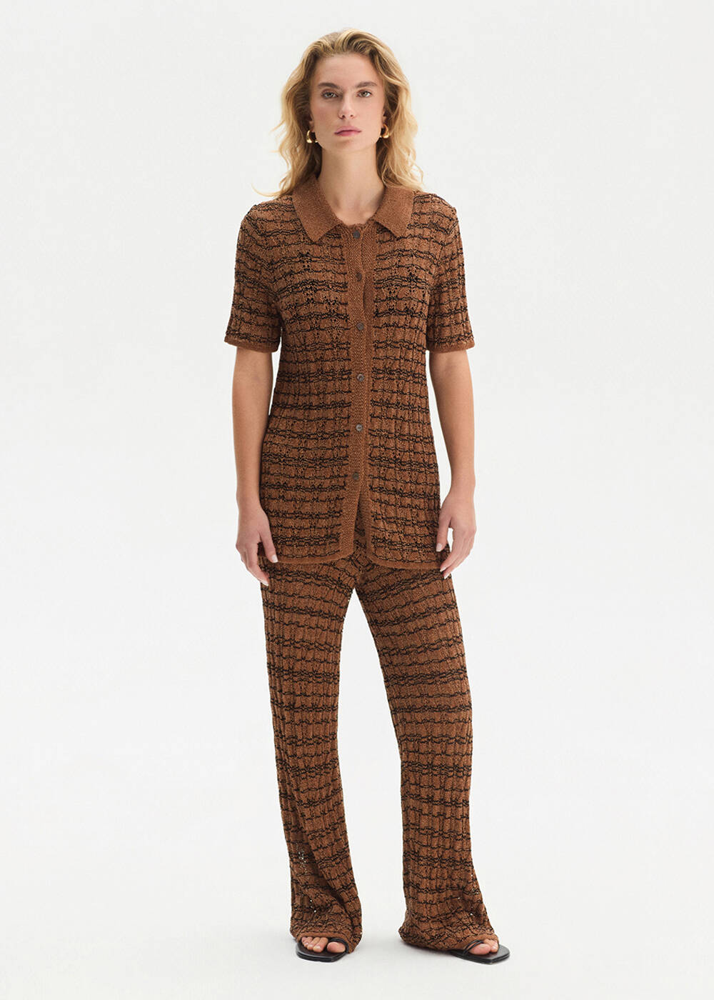 FANCY KNIT DETAILED POLO NECK BRONZ KNIT TOP - 2