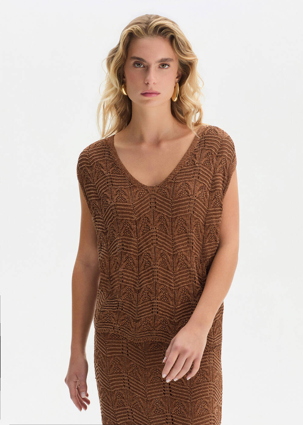 FANCY KNIT DETAILED V NECK BRONZ KNIT TOP - 1