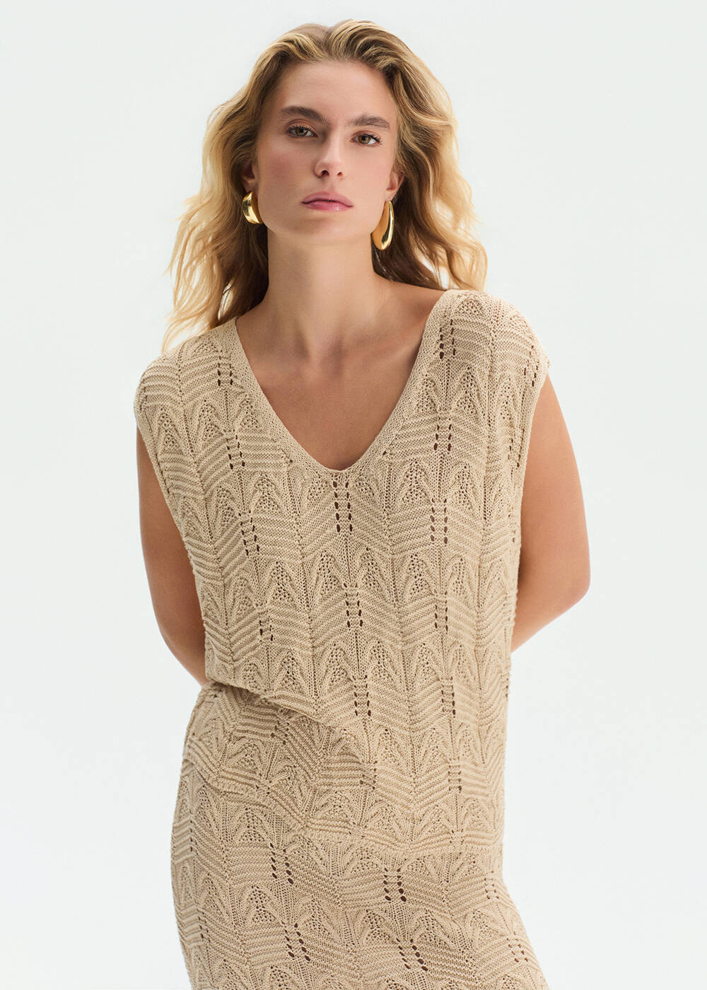 FANCY KNIT DETAILED V NECK SAND KNIT TOP - 1
