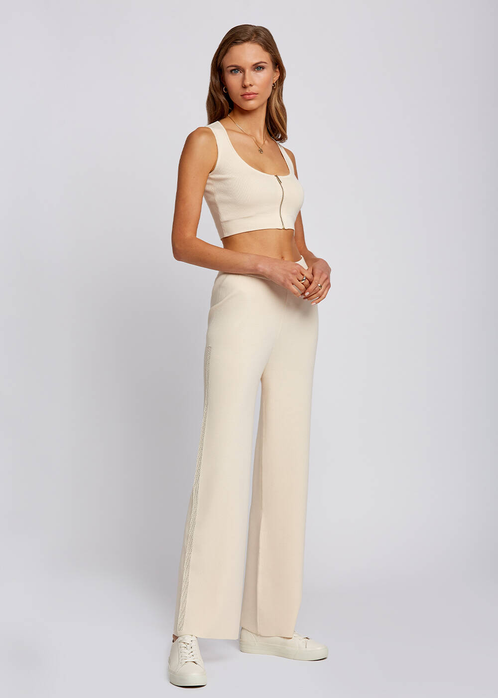 Fermuarlı Kolsuz Krem Rengi Crop Triko Üst - 2