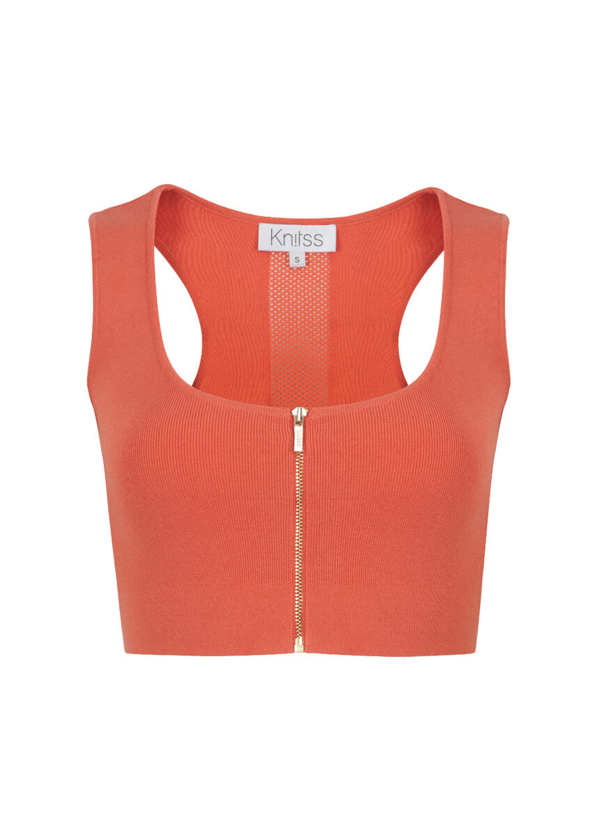 Fermuarlı Kolsuz Mercan Rengi Crop Triko Üst · 8
