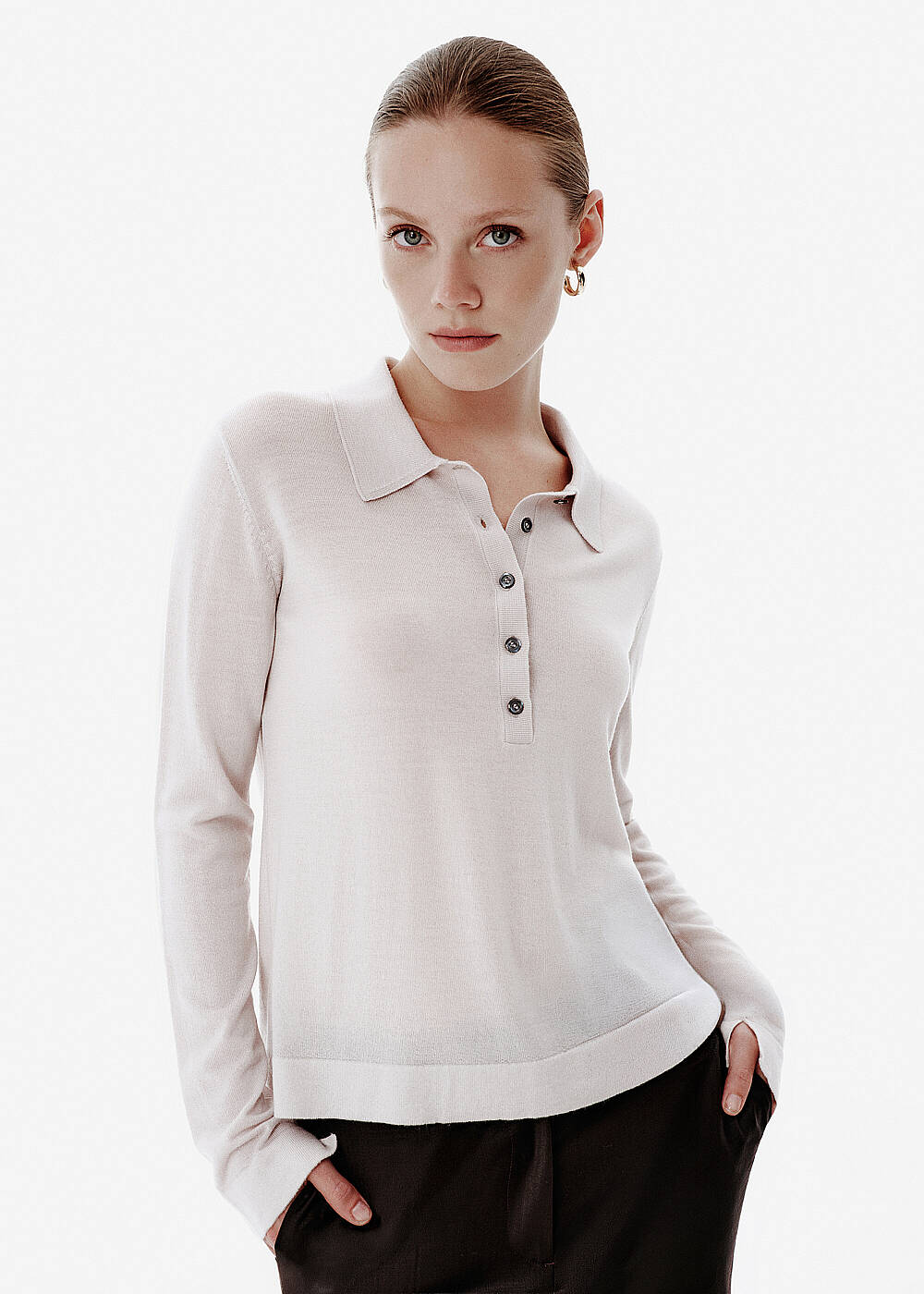 Fine Knit Beige Polo Sweater - 1