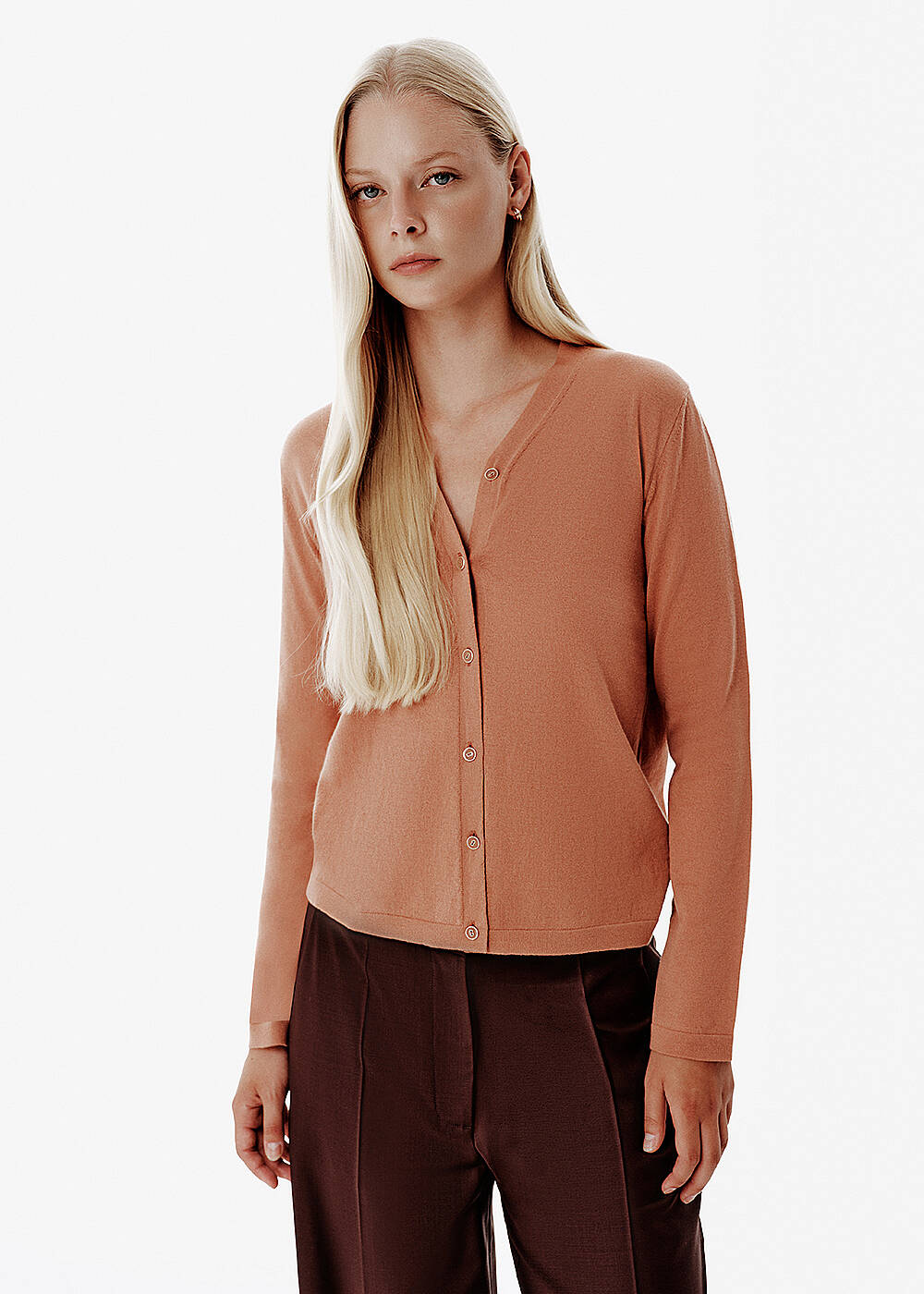 Fine Knit Enamel Button Brown Cardigan - 1