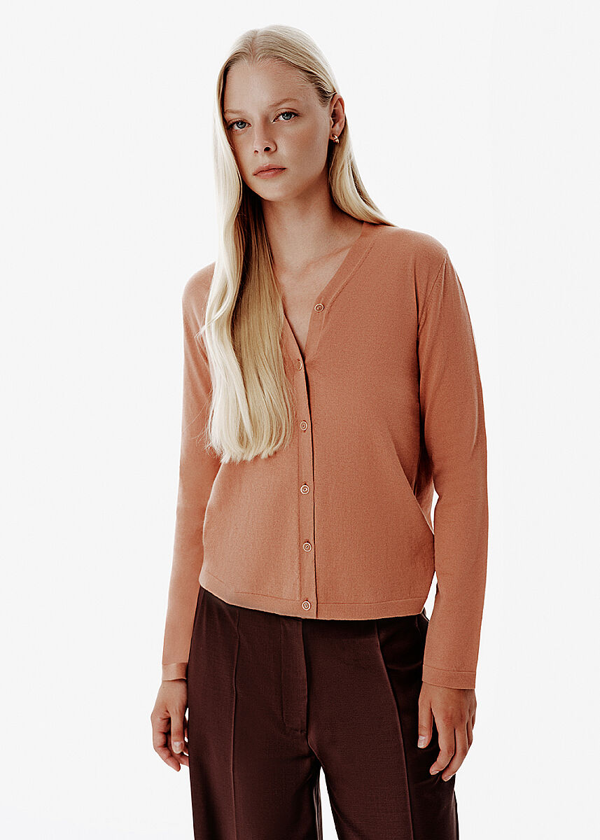 Fine Knit Enamel Button Brown Cardigan - KNITSS
