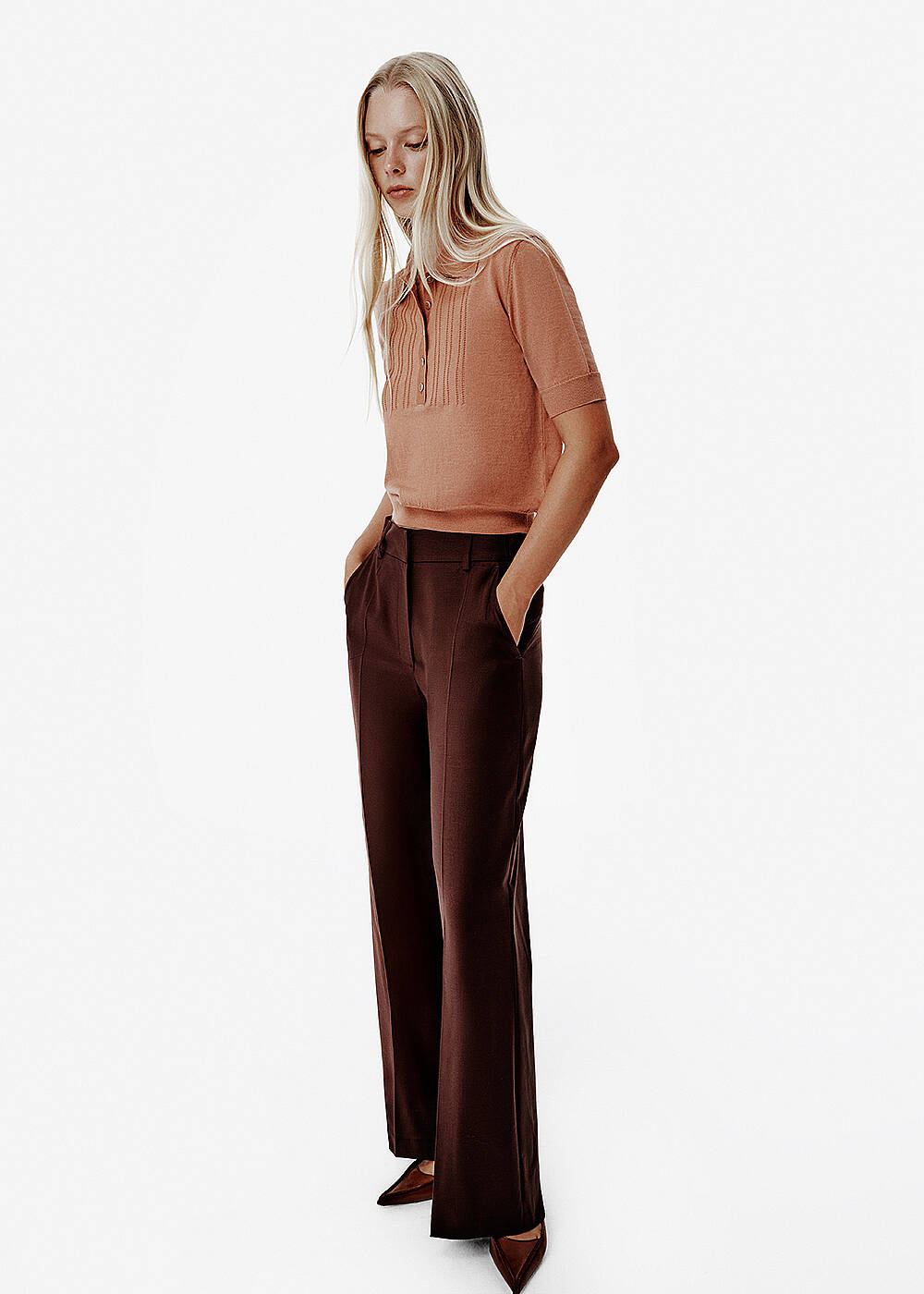 Fine Knit Enamel Button Brown Polo Top - 2