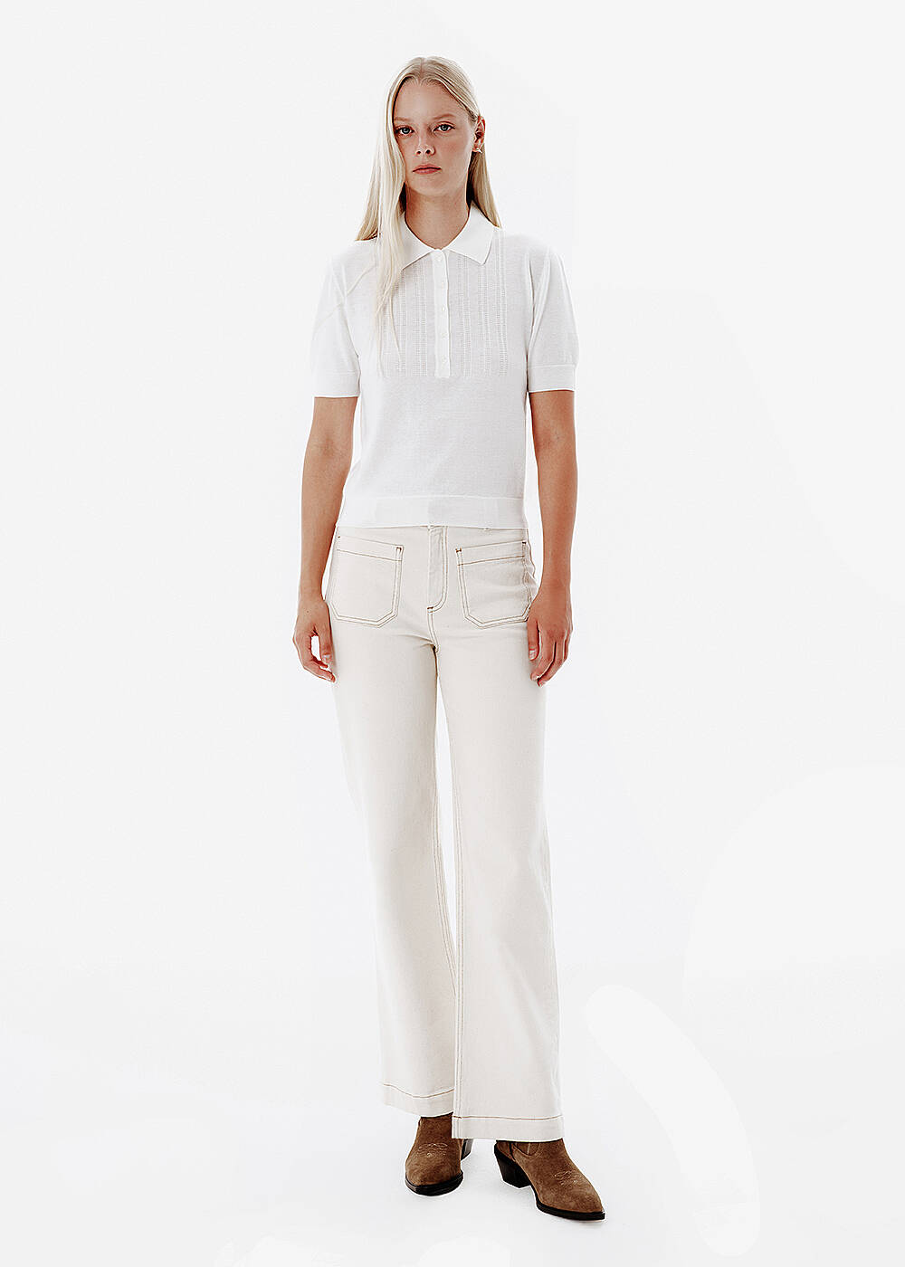Fine Knit Enamel Button Ecru Polo Top - 2