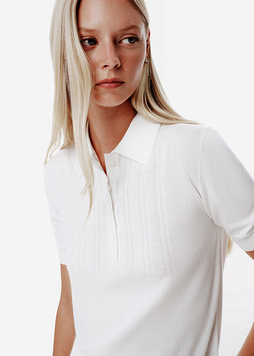 Fine Knit Enamel Button Ecru Polo Top - KNITSS