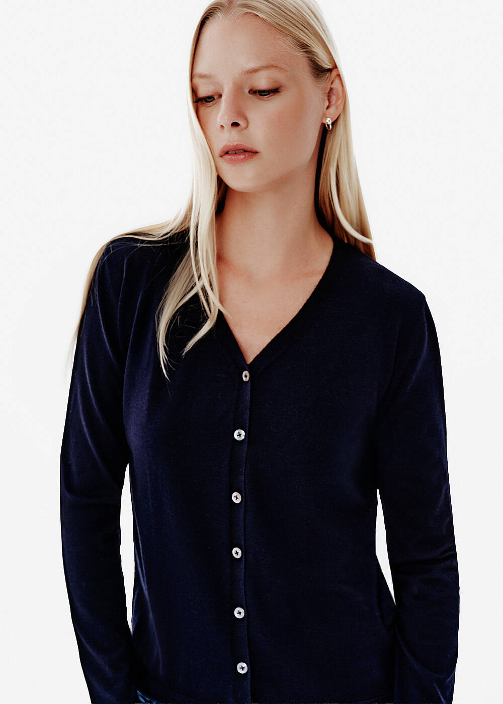 Fine Knit Enamel Button Navy Cardigan - 2