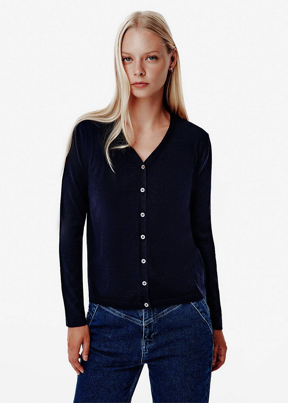Fine Knit Enamel Button Navy Cardigan - 1