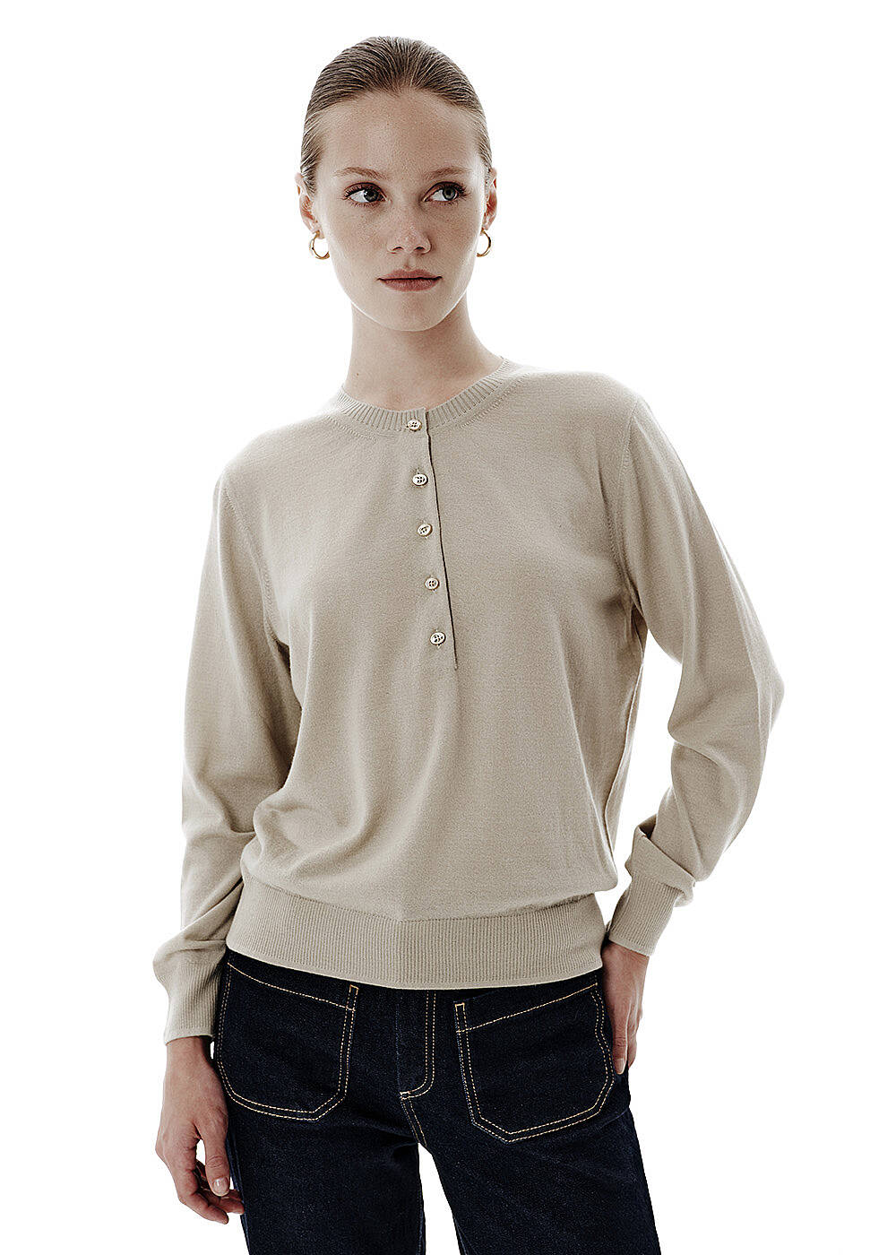 Fine Knit Green Button-Detail Collar Sweater - 1