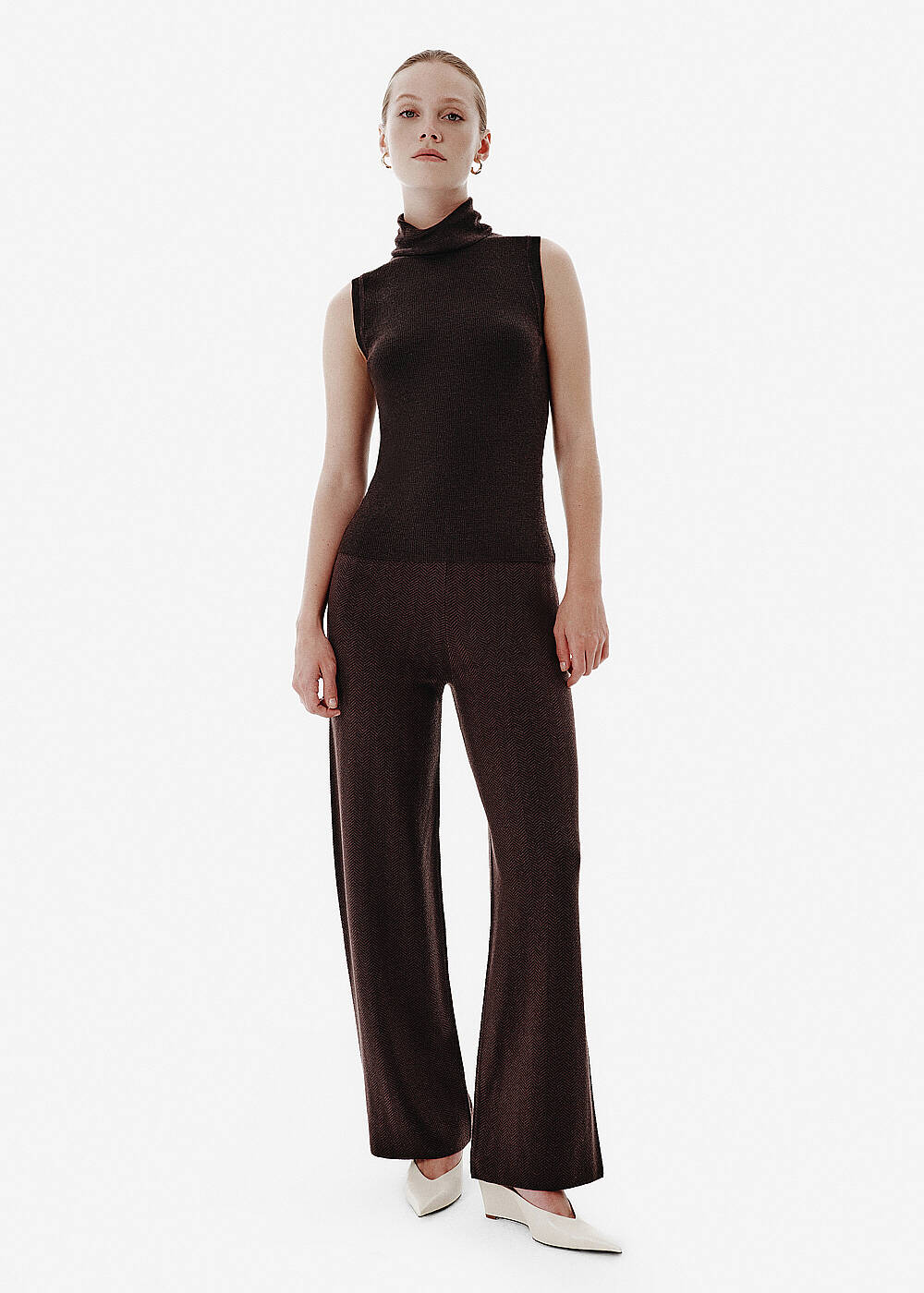Fine Knit Roll Over Brown Top - 2