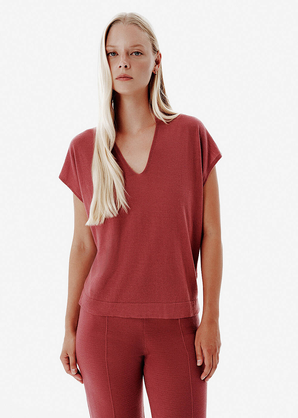 Fine Knit V Neck Antique Rose Top - 1