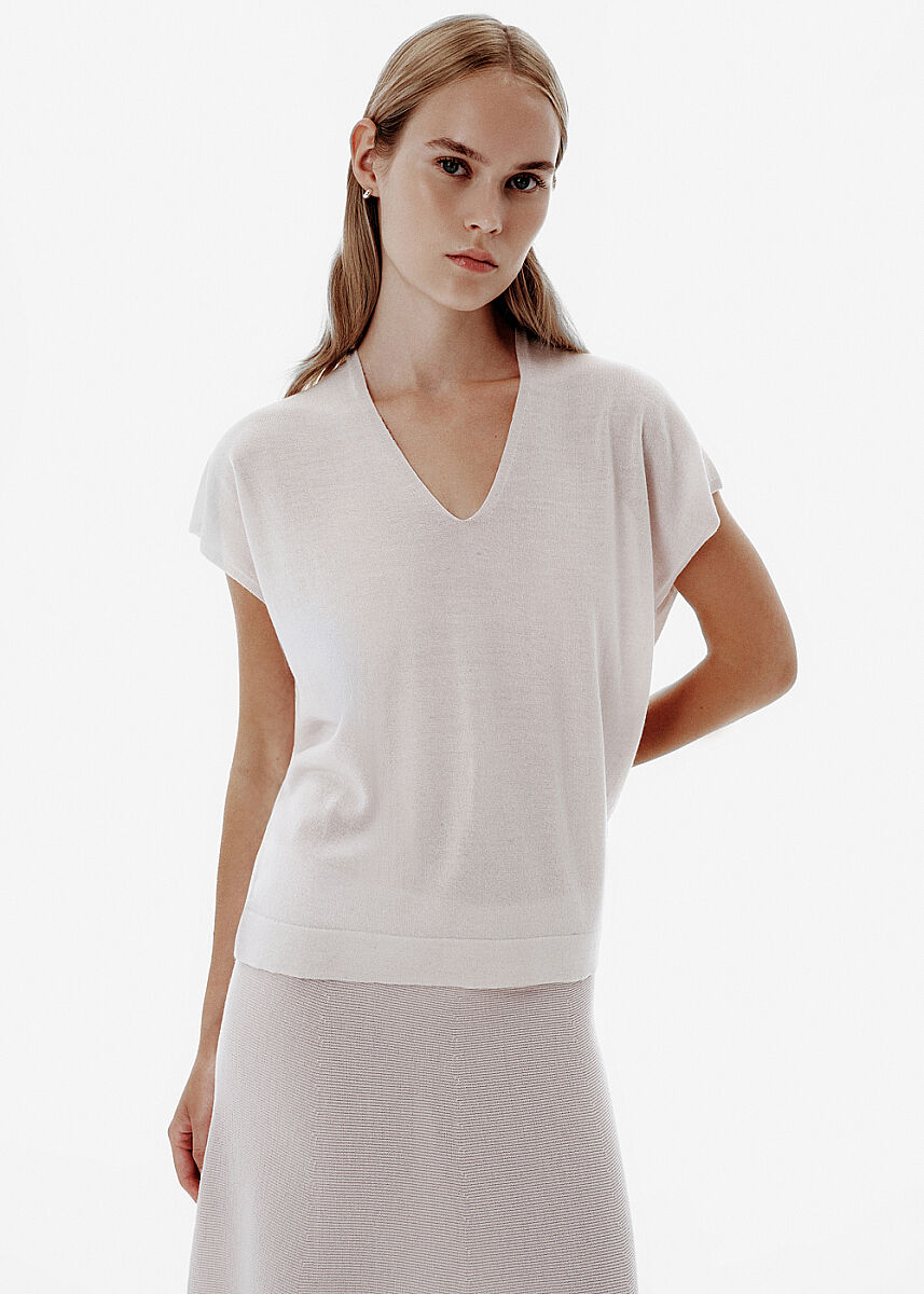 Fine Knit V Neck Beige Top - KNITSS