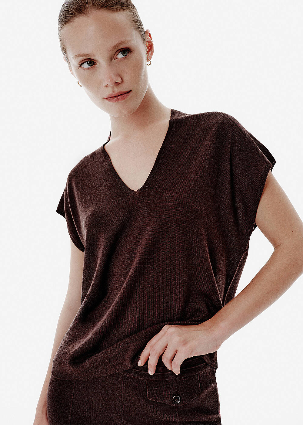 Fine Knit V Neck Brown Top - 1