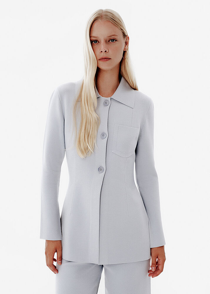 Fitted-waist Blue Knit Jacket - KNITSS