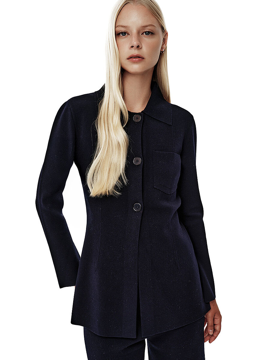 Fitted-waist Navy Knit Jacket - KNITSS