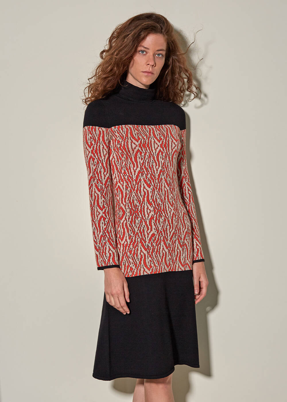 Flame Patterned Turtleneck Black Maxi Knit Dress - 1