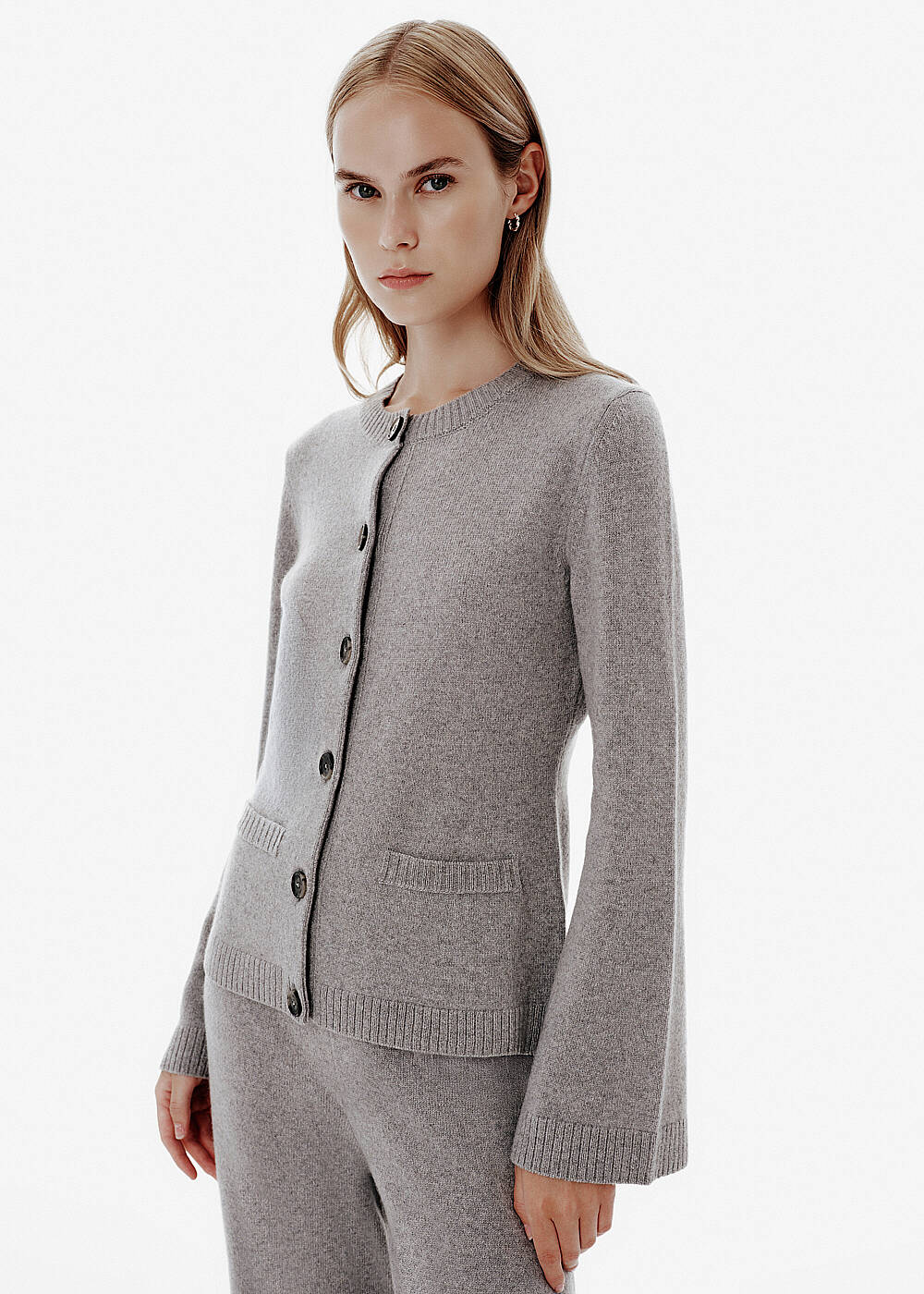 Flared Sleeve Pocket Detail Grey Cashmere Cardigan - 2