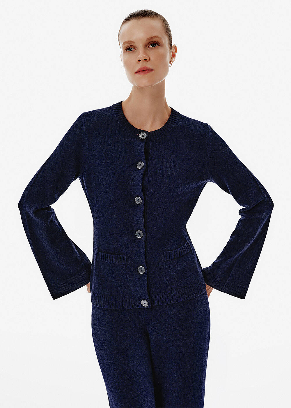 Flared Sleeve Pocket Detail Navy Cashmere Cardigan - 1