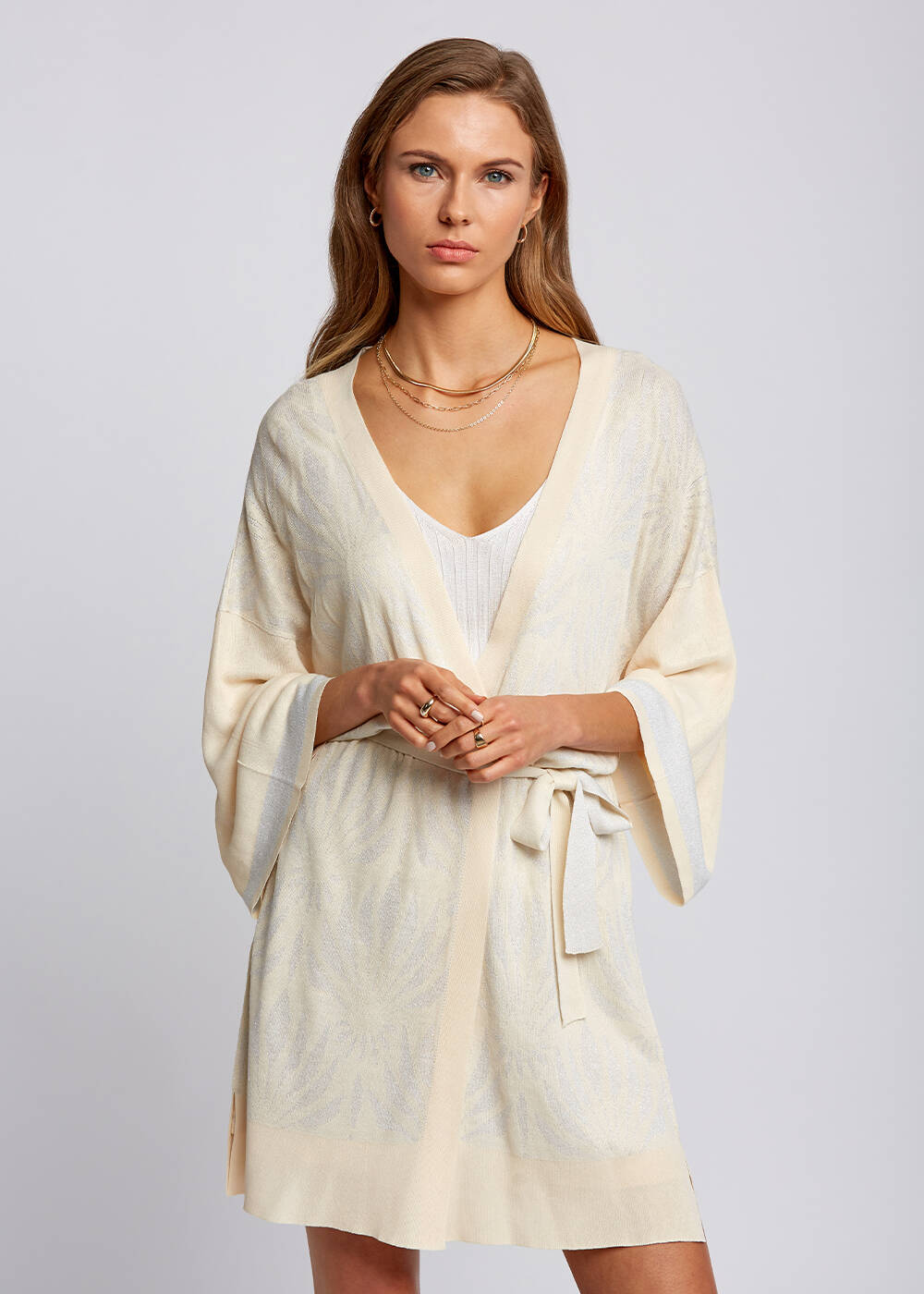 Floral Desenli Bej Triko Kimono - 1