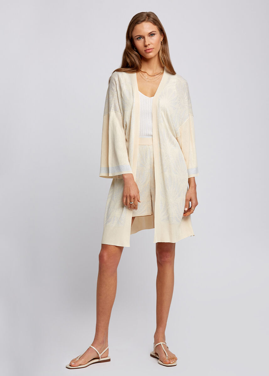 Floral Desenli Bej Triko Kimono · 2
