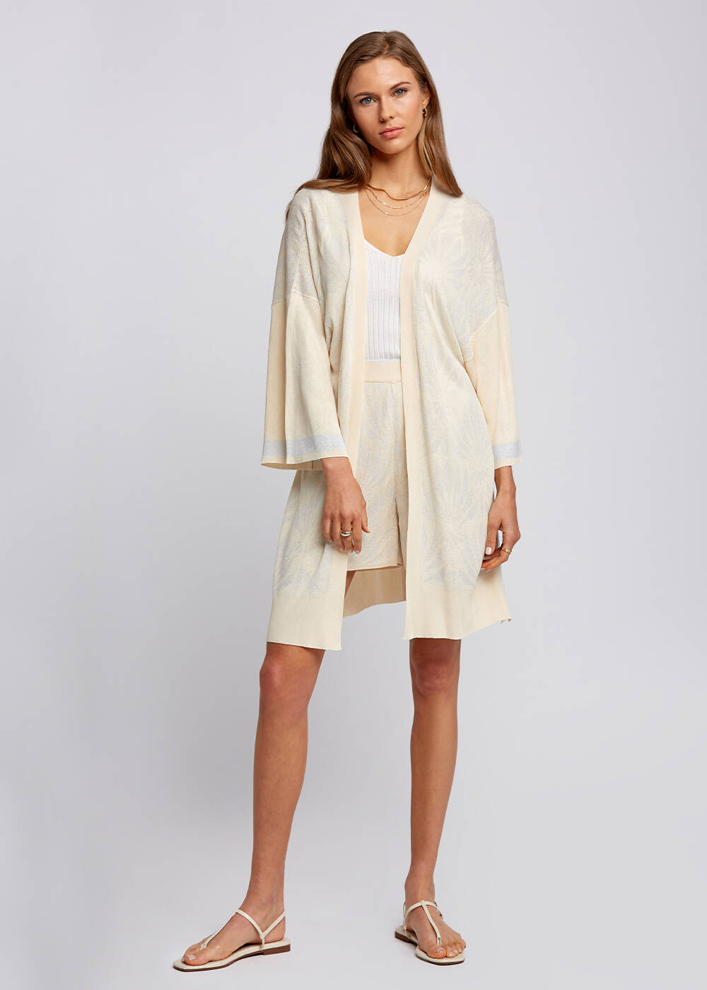 Floral Pattern Beige Knit Kimono - 2