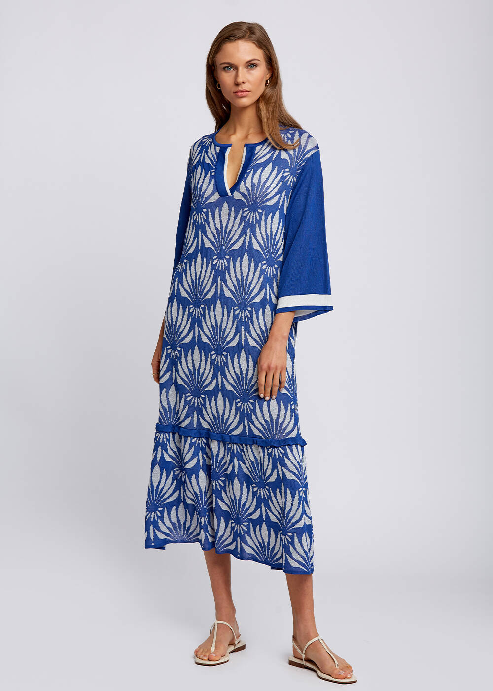 Floral Pattern Blue-White Knit Dress - 1