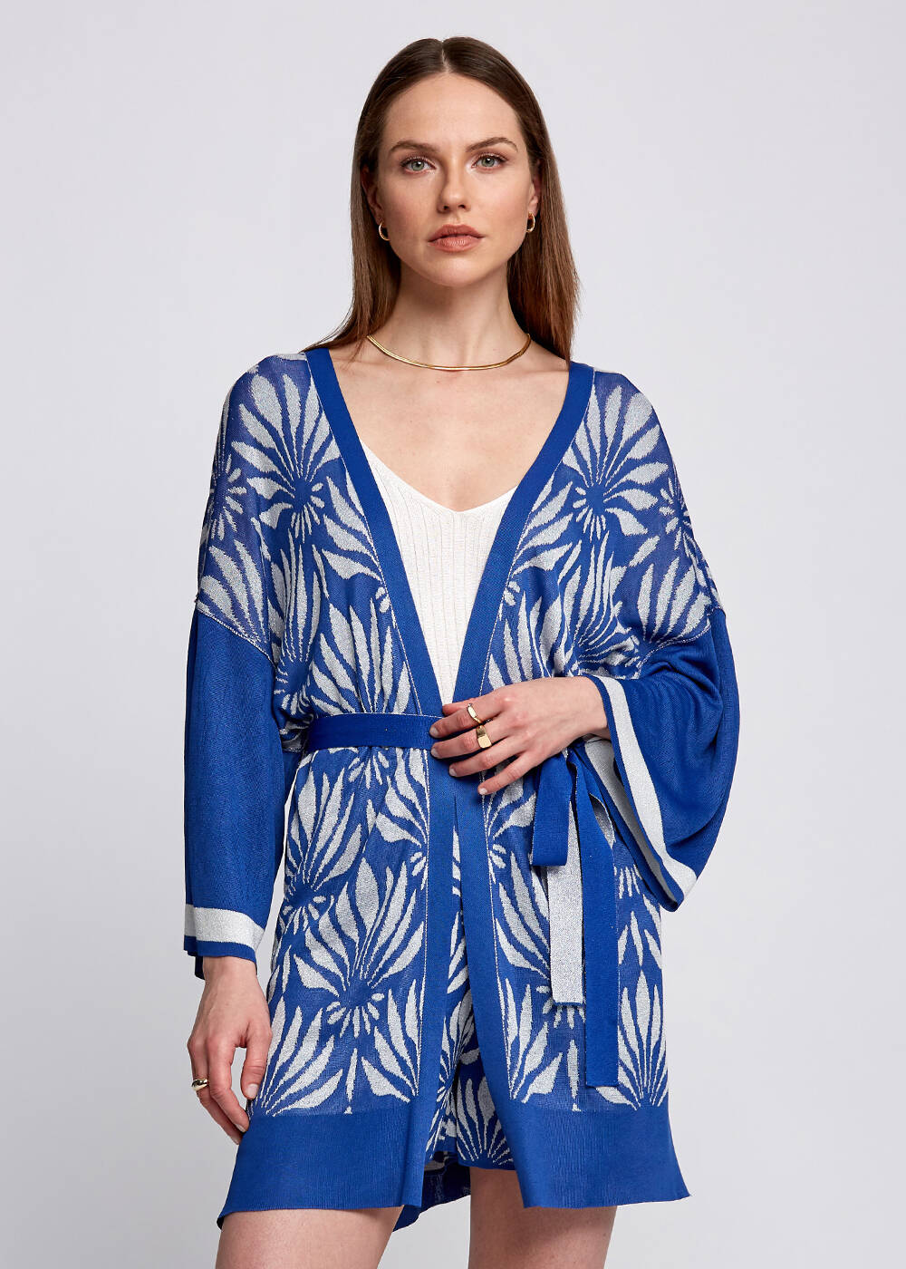 Floral Pattern Blue-White Knit Kimono - 1
