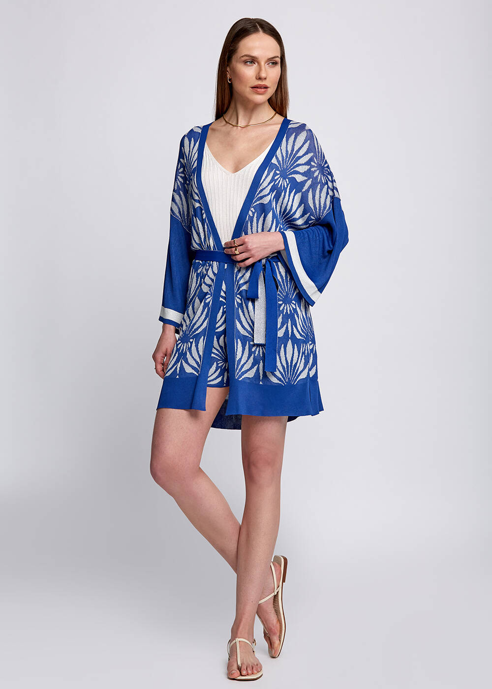 Floral Pattern Blue-White Knit Kimono - 2