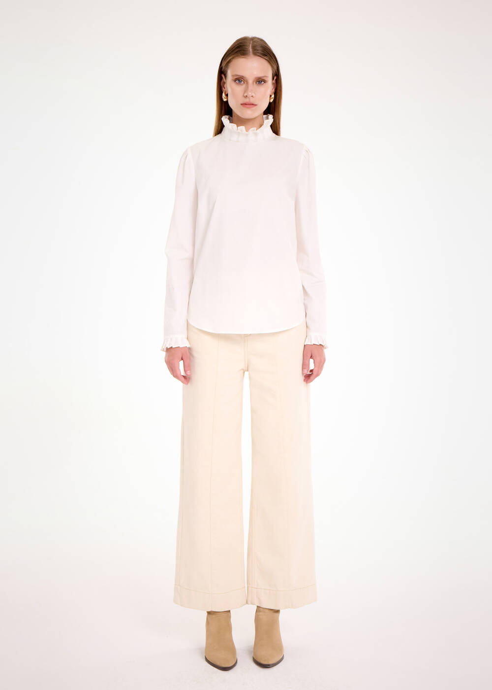 FRILL DETAILED WHITE PURE COTTON SHIRT - 2