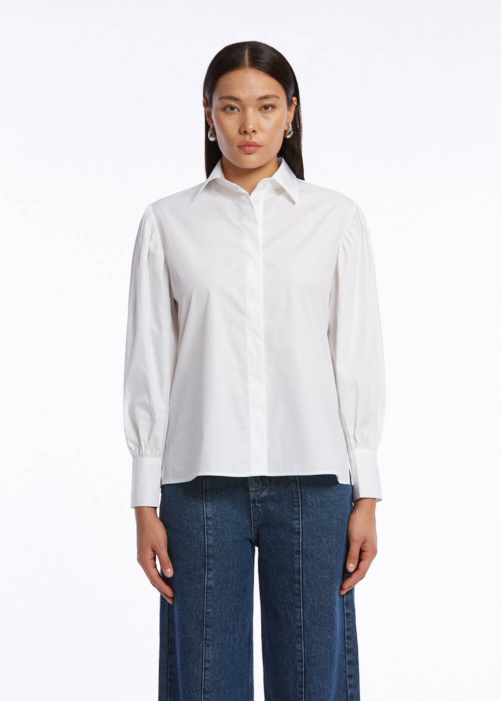 GATHERED DETAILED PURE COTTON WHITE SHIRT - 1