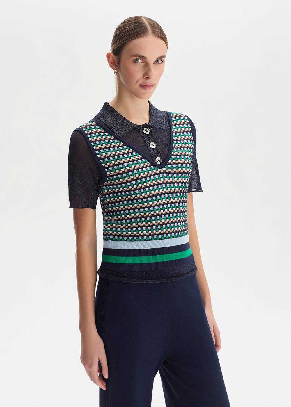 GEOMETRIC PATTERNED NAVY KNIT TOP - 1