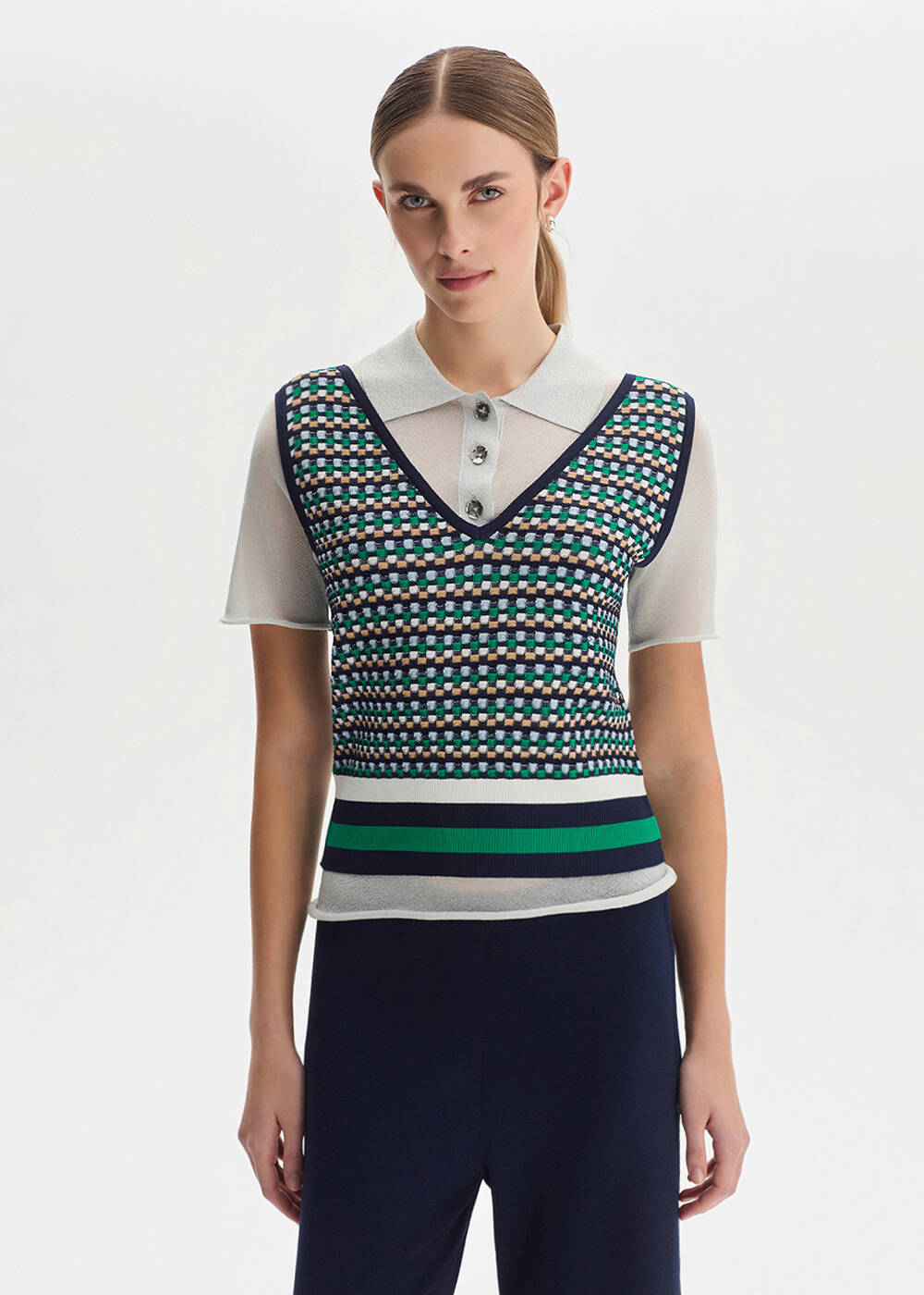 GEOMETRIC PATTERNED WHITE KNIT TOP - 1