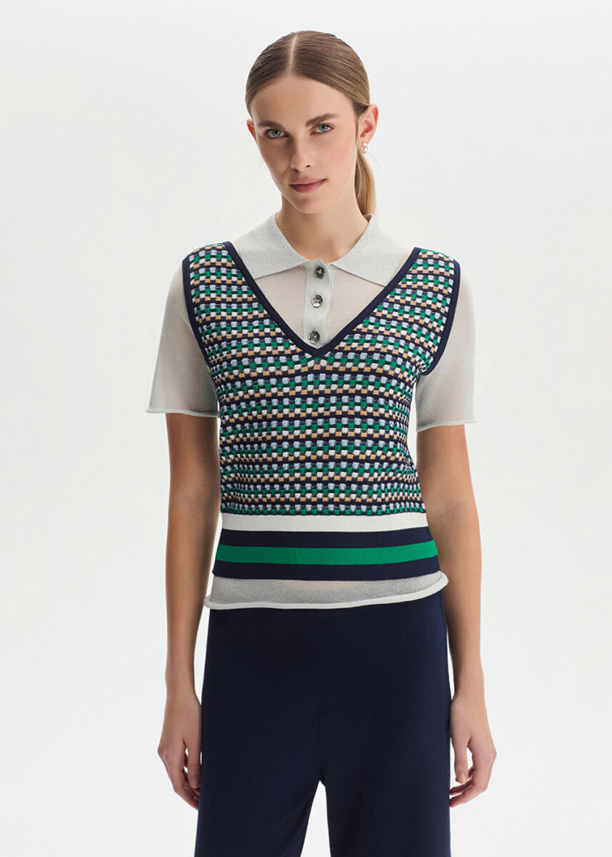 GEOMETRIC PATTERNED WHITE KNIT TOP - KNITSS